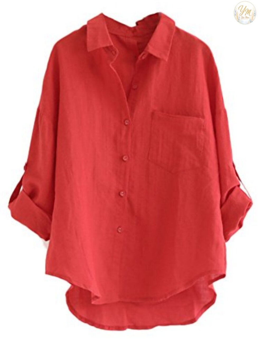 Linen Blouse High Low Roll-Up Sleeve Button Shirt Tunic